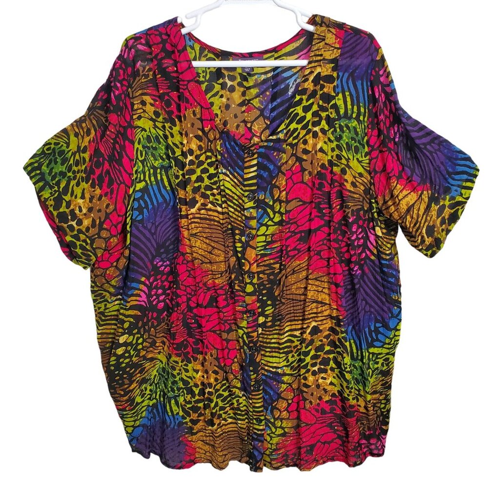 Roamans Sz 36W Tunic Blouse Button Front Flowy Lightweight Rainbow Animal Print - Picture 2 of 12